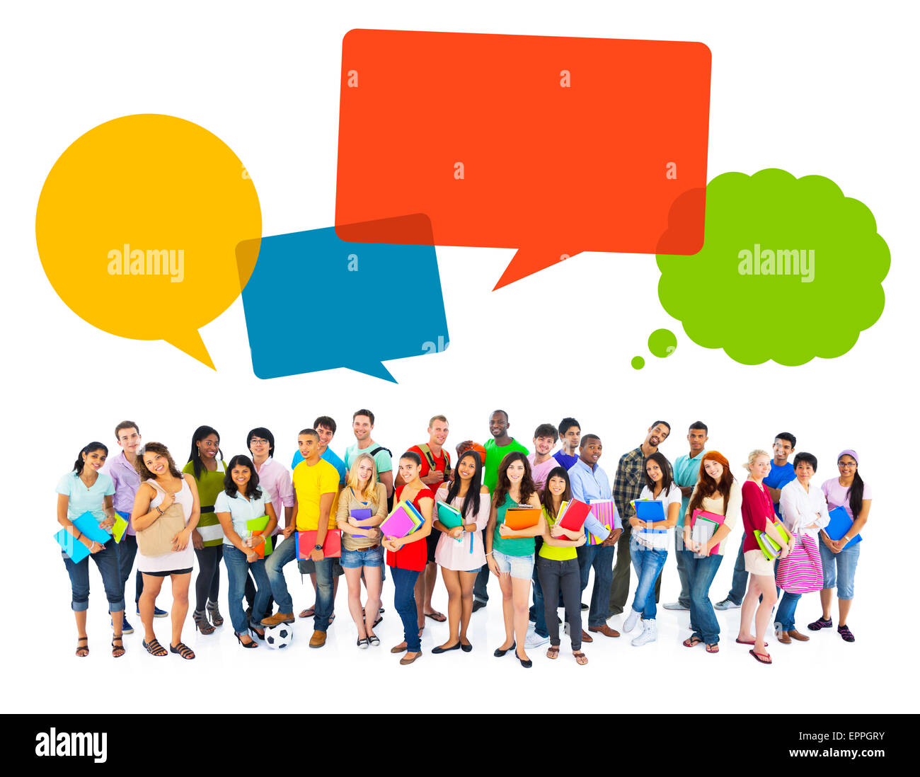 Multiethnic Cheerful Students with Speech Bubbles Stock Photo