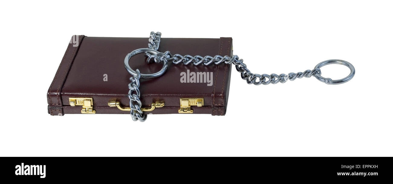 Large Heavy metal chain creating a cable of strength for a choke chain on a briefcase - path included Stock Photo