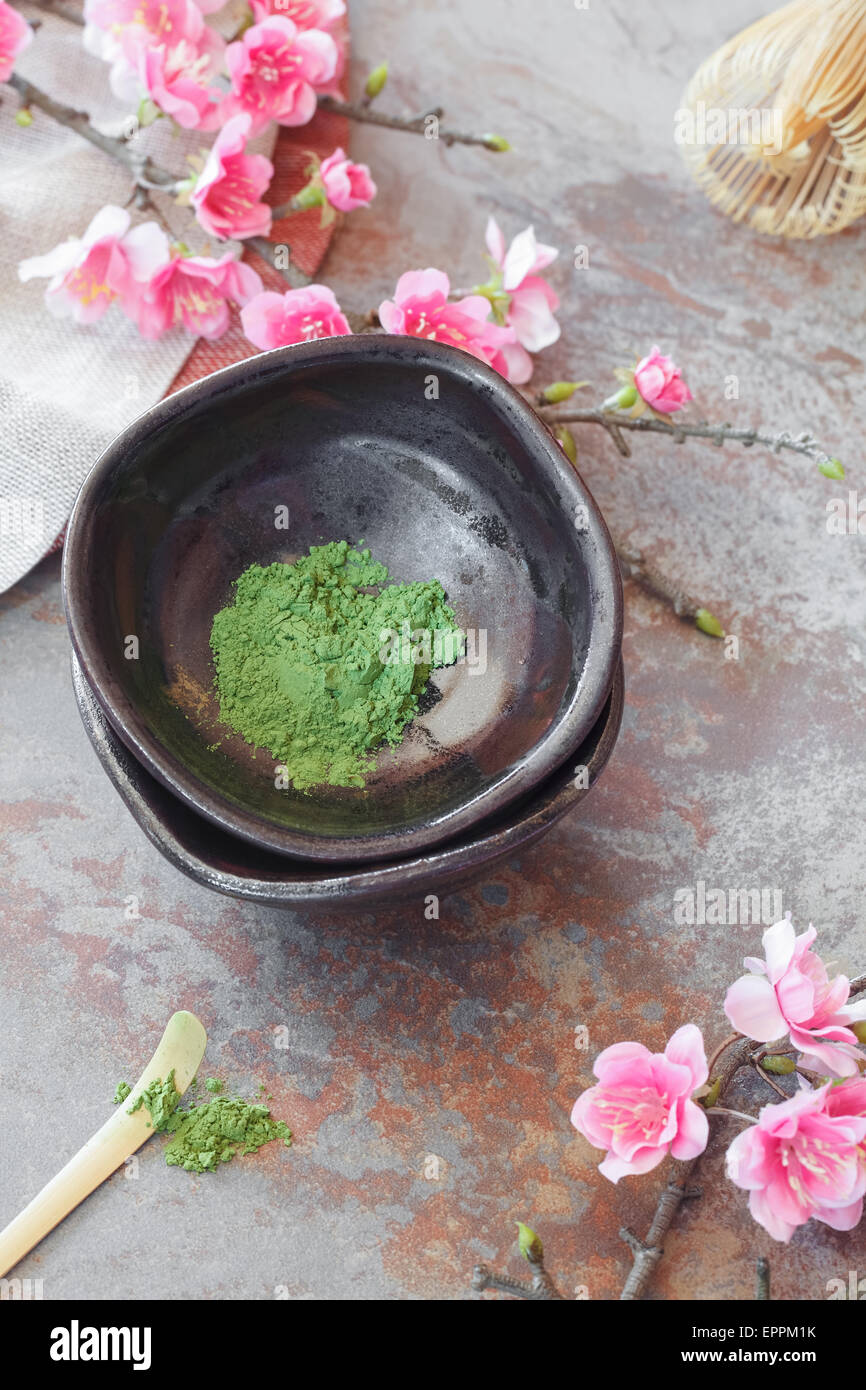 Matcha green tea .Still life with Japanese matcha accessories. Japanese Tea Ceremony: Preparation of powdered green tea. Stock Photo