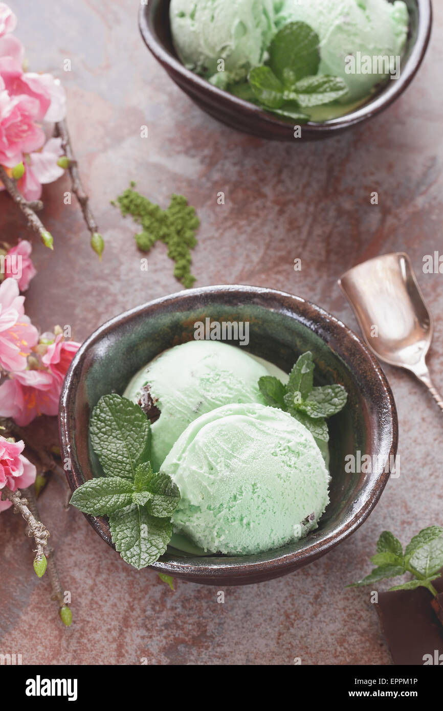 Matcha Ice Cream. Matcha Mint Chip Ice Cream, top view, vintage style. Macro, selective focus, natural light Stock Photo