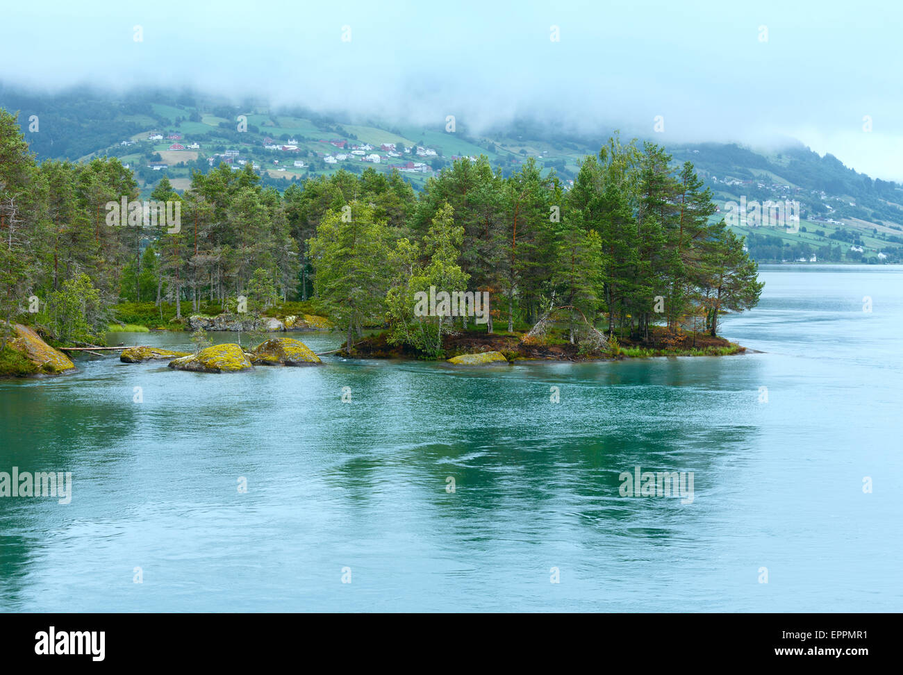 Summer cloudy fjord landscape with fir forest on shore (Norway). Stock Photo
