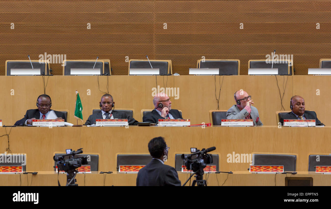 Addis Ababa, Ethiopia. 20th May, 2015. Deputy PM of Ethiopia, Deputy Chair of the AUC, Günter Nooke, Mark Surman and Seyoum Bereded preside over the opening  of the 10th eLearning Africa Conference at the African Union Commission on May 20, 2015 in Addis Ababa, Ethiopia. Credit:  Dereje Belachew/Alamy Live News Stock Photo