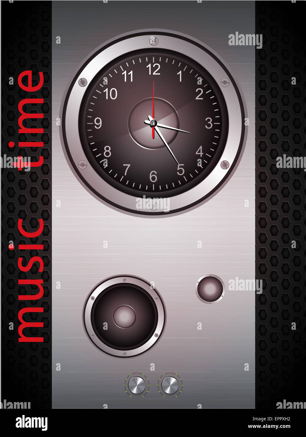 Clock with Speakers Dials and Sample Text on Metallic Panel Stock Photo