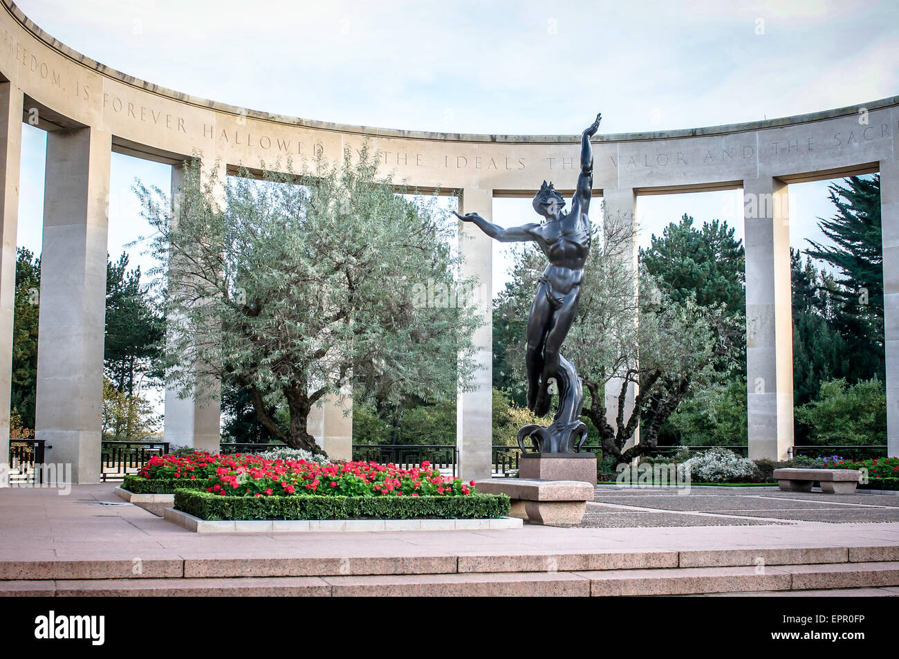 Spirit Of American Youth statue inside a sculpture garden at the World War II American Cemetery, Omaha Beach, Normandy, France. Stock Photo