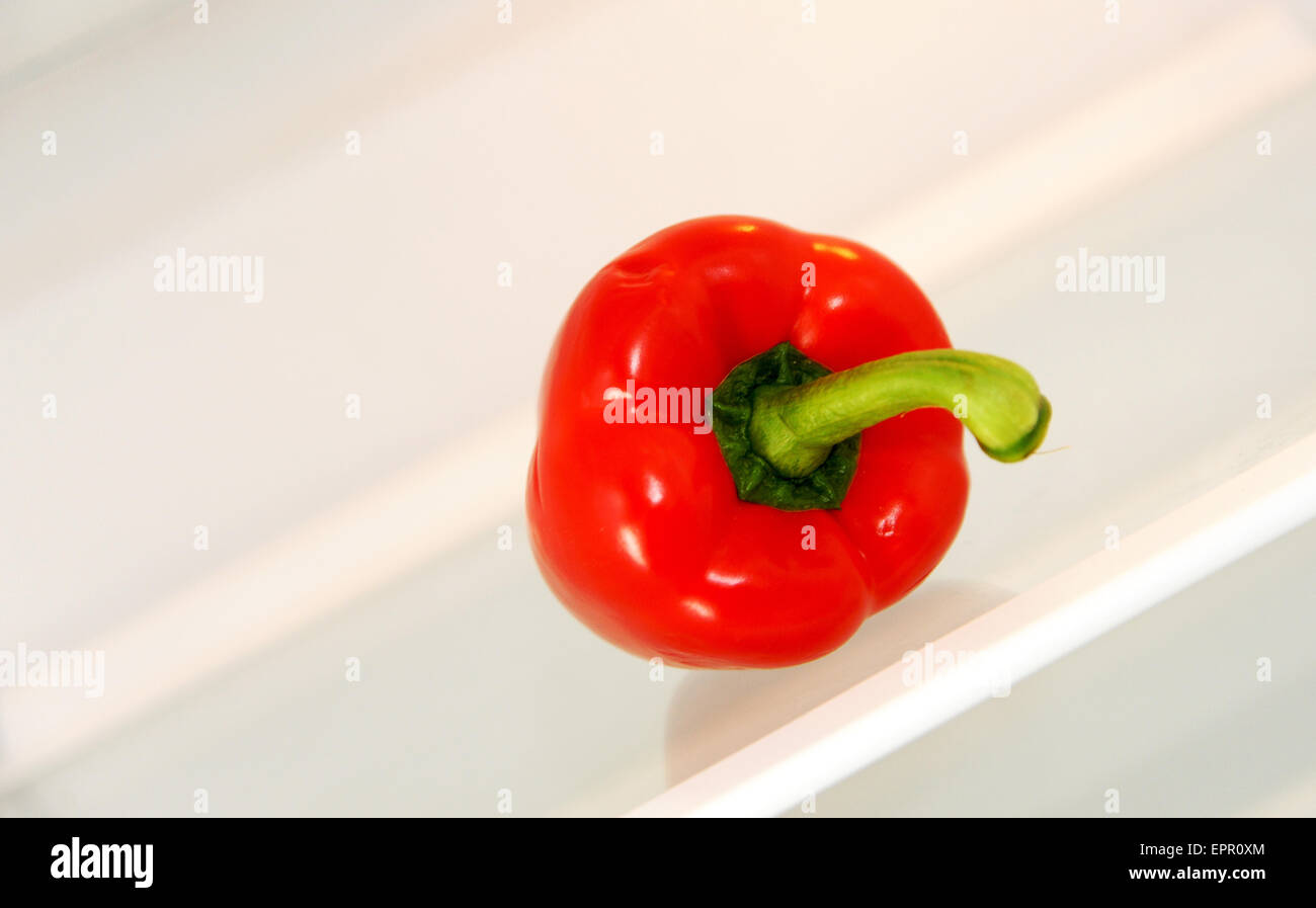Single red pepper sitting alone in an empty fridge Bell pepper, also