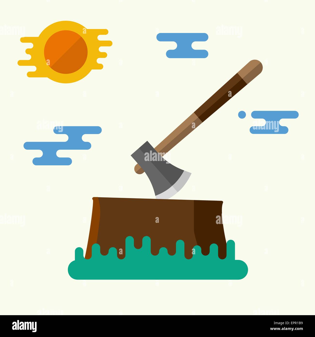 Brown stump with axe. Vector illustration. Flat design. For web and applications Stock Vector