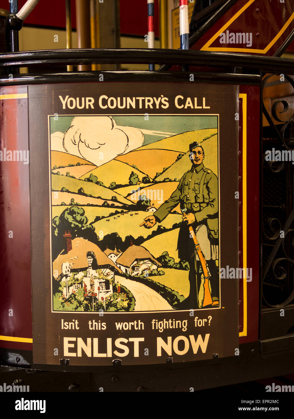 WW2 era poster detail of a vintage tram at the National Tramway Museum,Crich,Derbyshire,Britain. Stock Photo