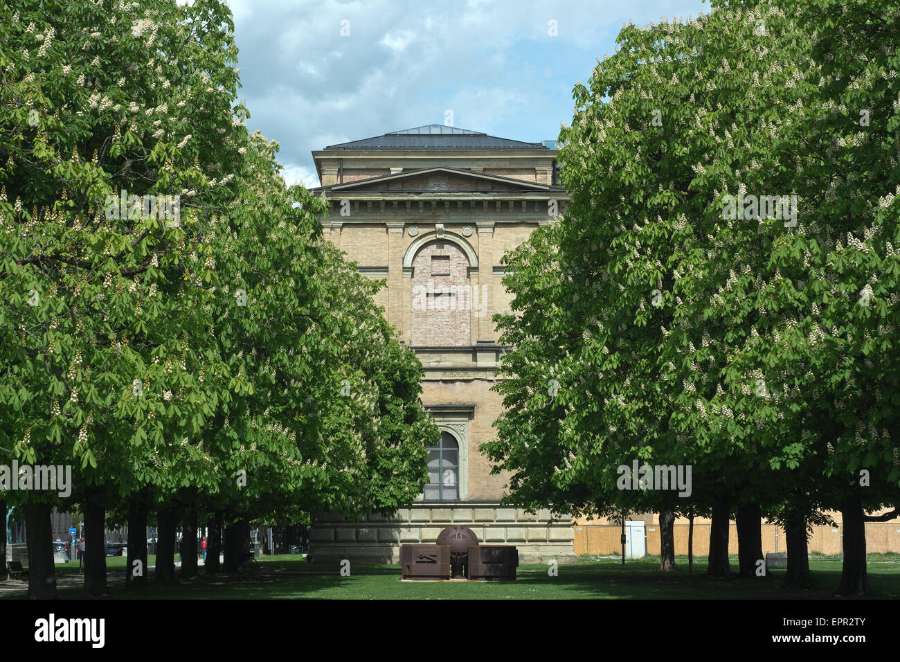 Old Pinakothek and Chestnut Trees as Cultural Symbol in Munich Stock Photo