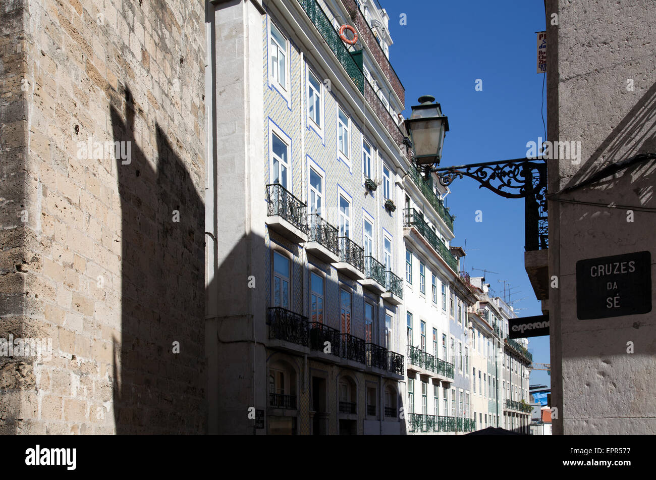 Cruzes de Se Quaint Street Architecture in Lisbon - Portugal Stock Photo