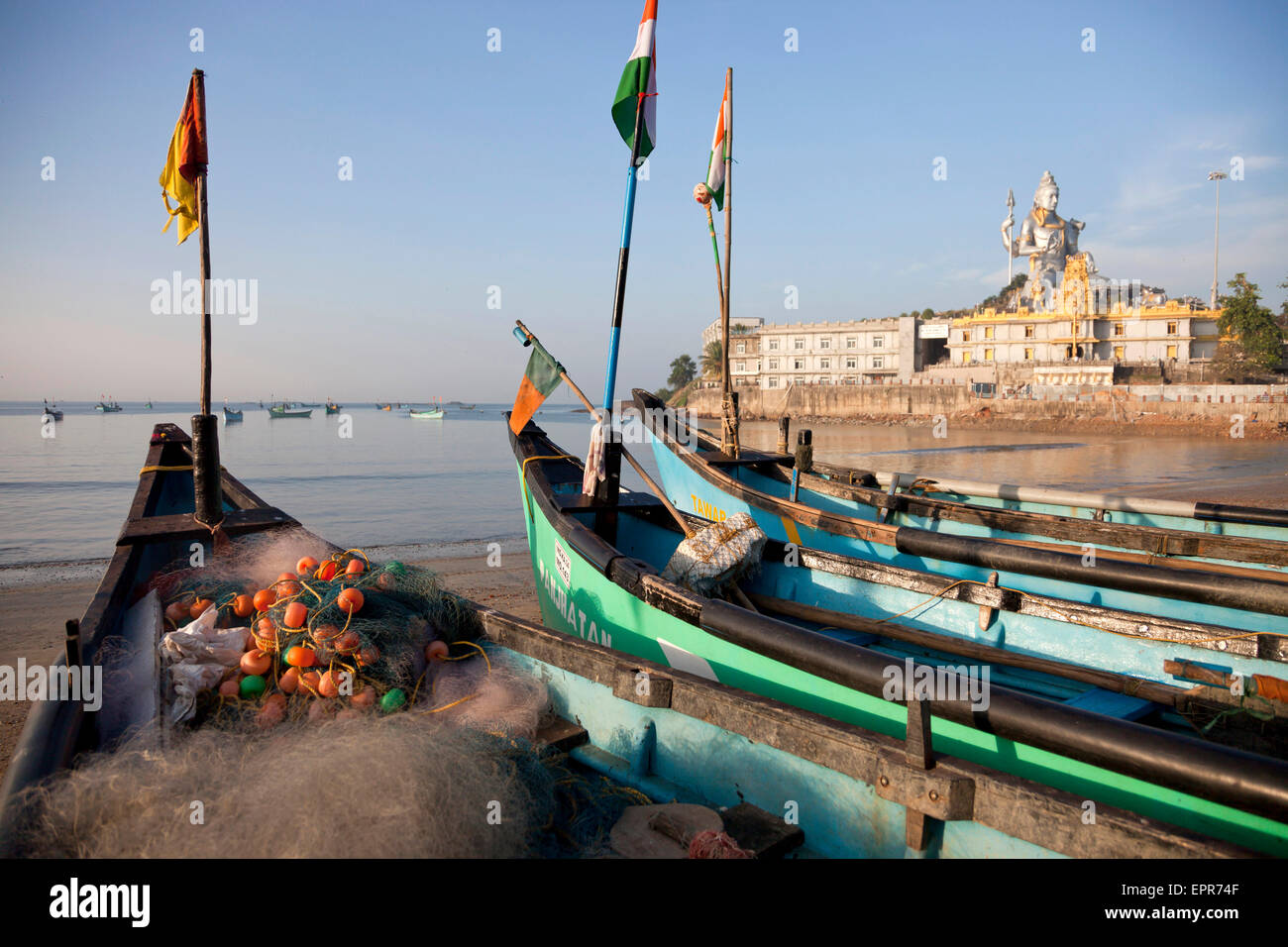 fishing boats at the beach in front of the Murudeshwar temple, Murudeshwar, Karnataka, India, Asia Stock Photo
