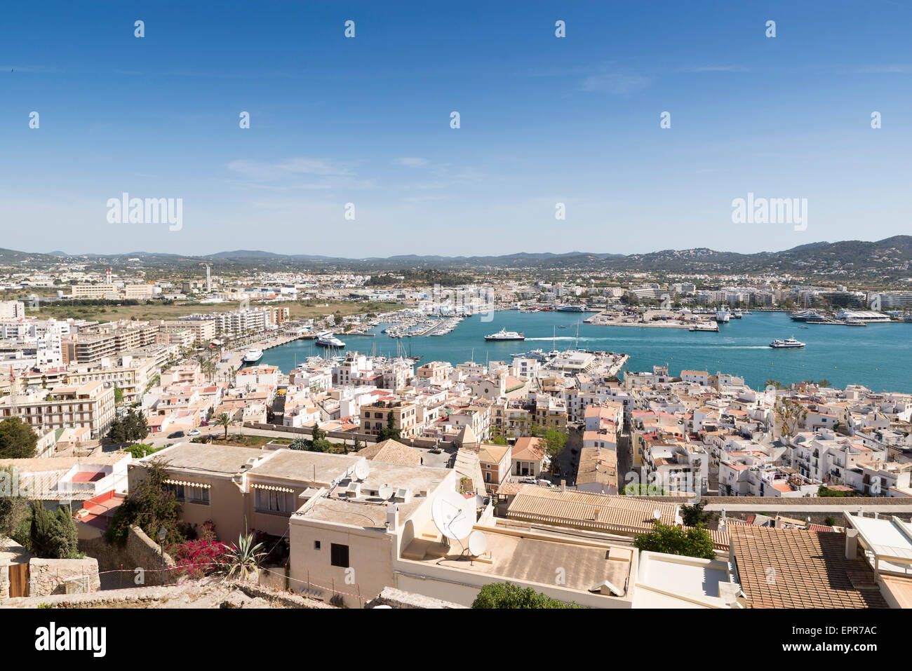General View from medieval fortress to popular streets and roofs of Ibiza Stock Photo