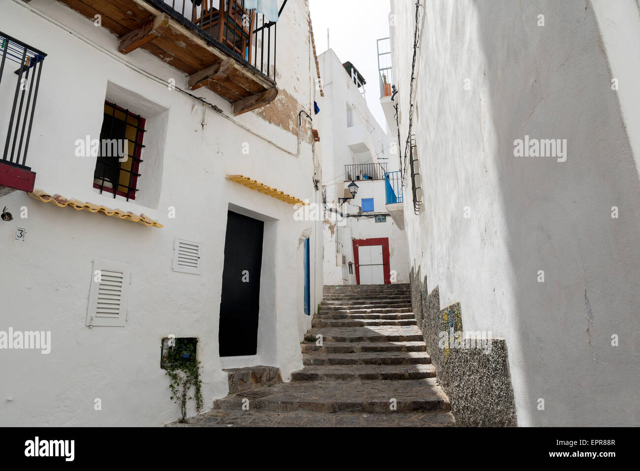 Ibiza Old Town. A picturesque street of the old town of Ibiza, with its whitewashed houses Stock Photo