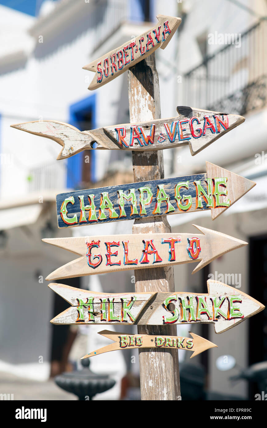 Signpost in an alley in the city of Ibiza Stock Photo