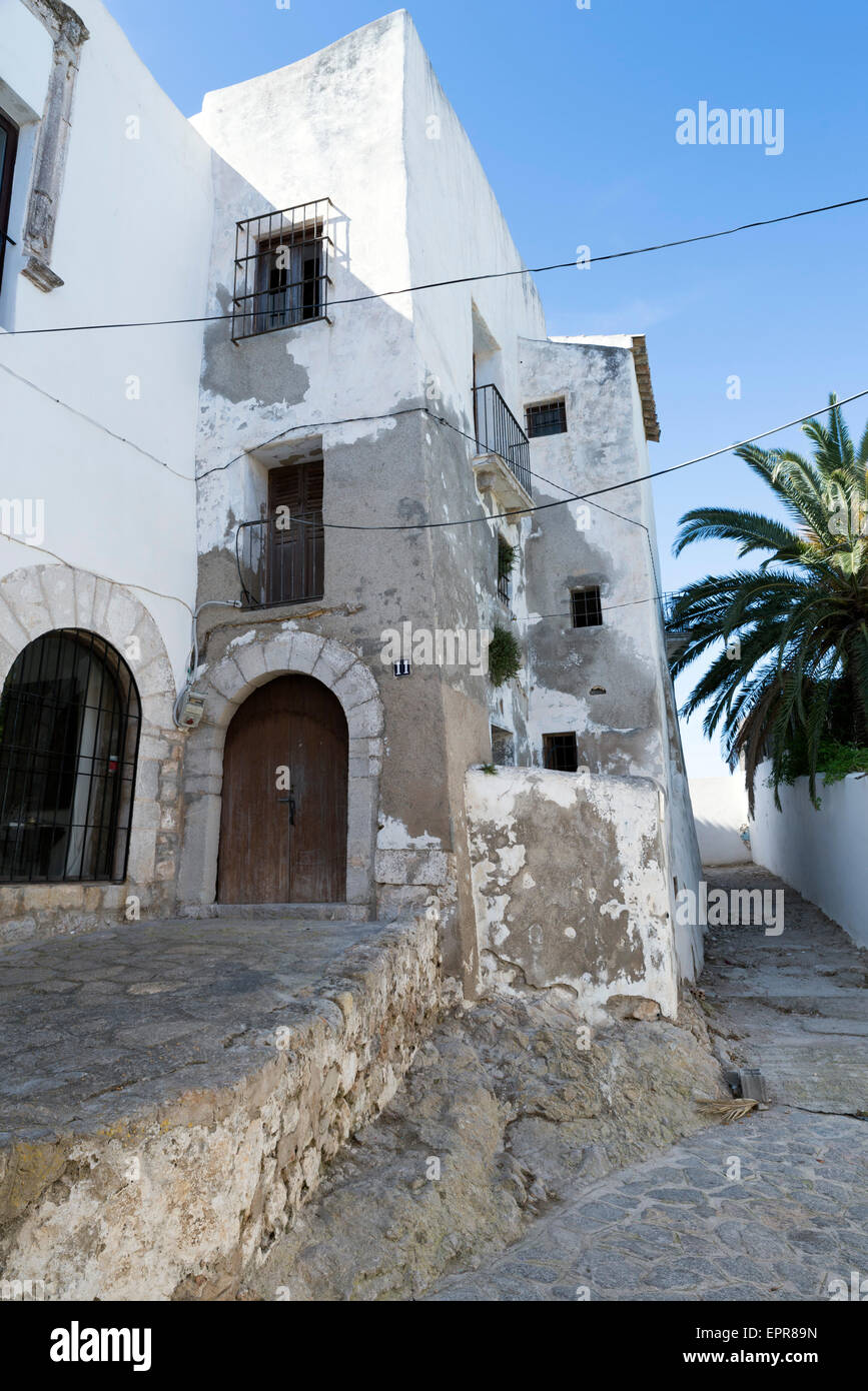 A typical corner of the old town of Ibiza, with its steep streets and whitewashed houses Stock Photo