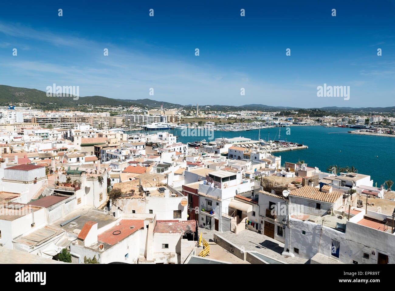 General View from medieval fortress to popular streets and roofs of Ibiza Stock Photo