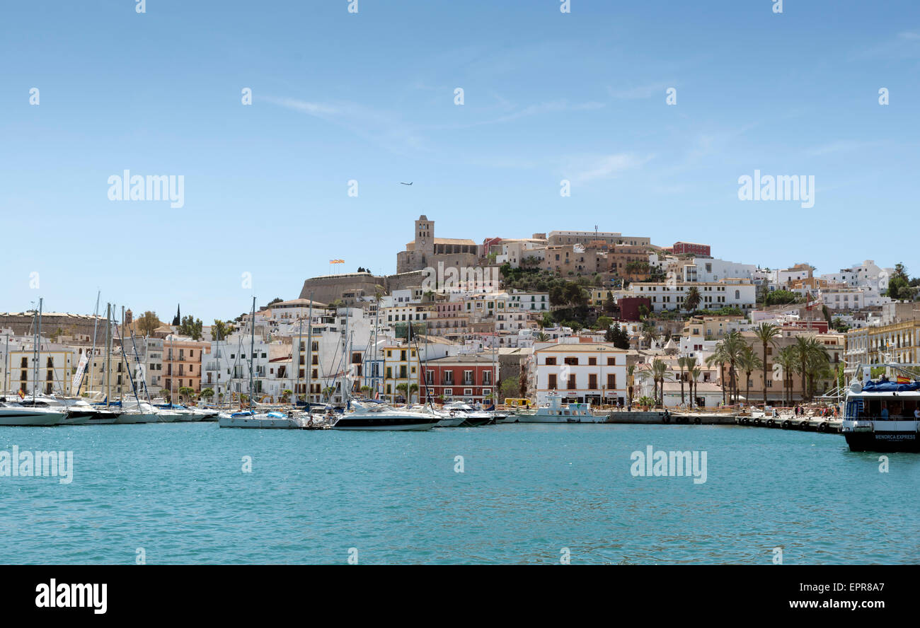 Ibiza (Eivissa) town with blue Mediterranean sea city view Stock Photo