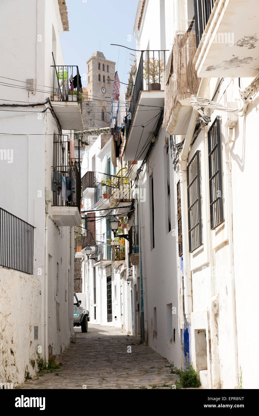 Ibiza Old Town. A picturesque street of the old town of Ibiza, with its whitewashed houses Stock Photo