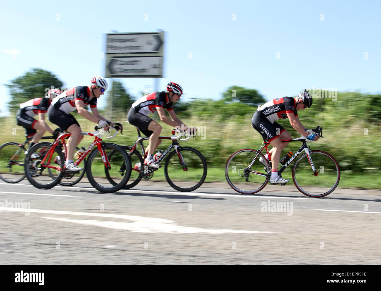 Cycle time trail race on the A48 near Colwinston, VOG Stock Photo