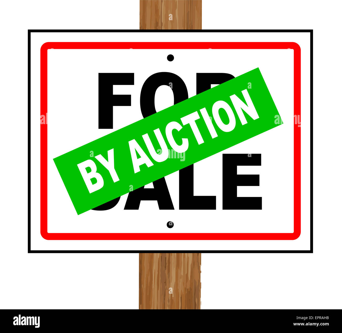 A typical for sale sale sign with a by auction splash over a white background Stock Photo