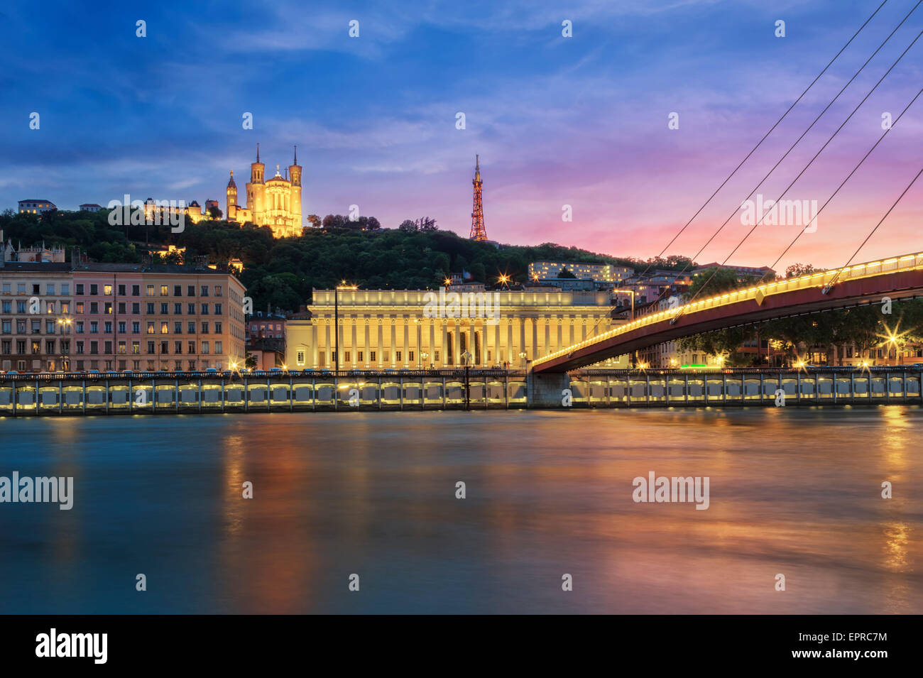 View of Saone river at sunset in Lyon city, France Stock Photo