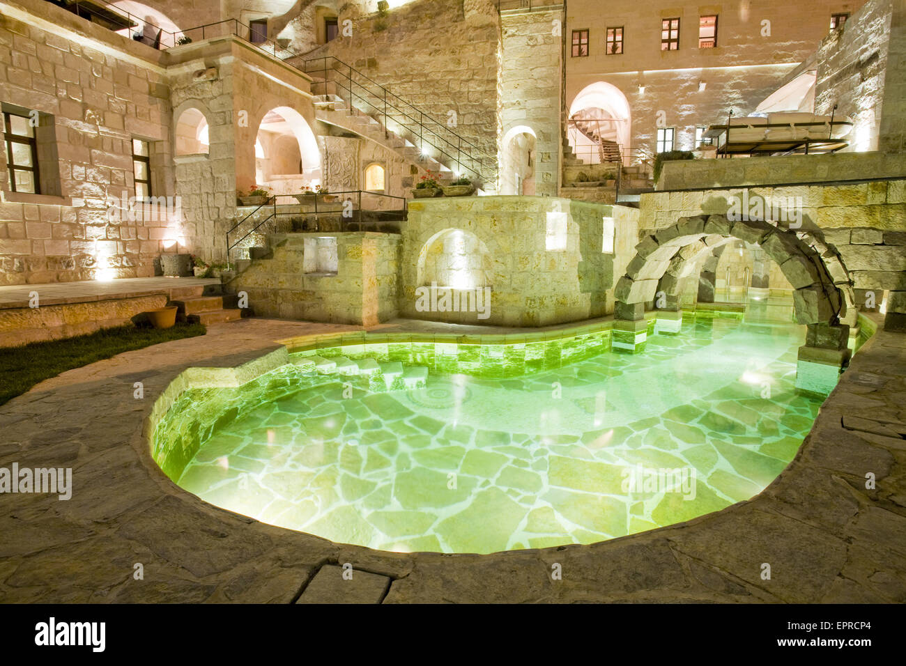 Swimming pool inside an habitation in Goreme , Cappadocia, Nevsehir Province, Anatolie, Turkey, November 2007 Stock Photo