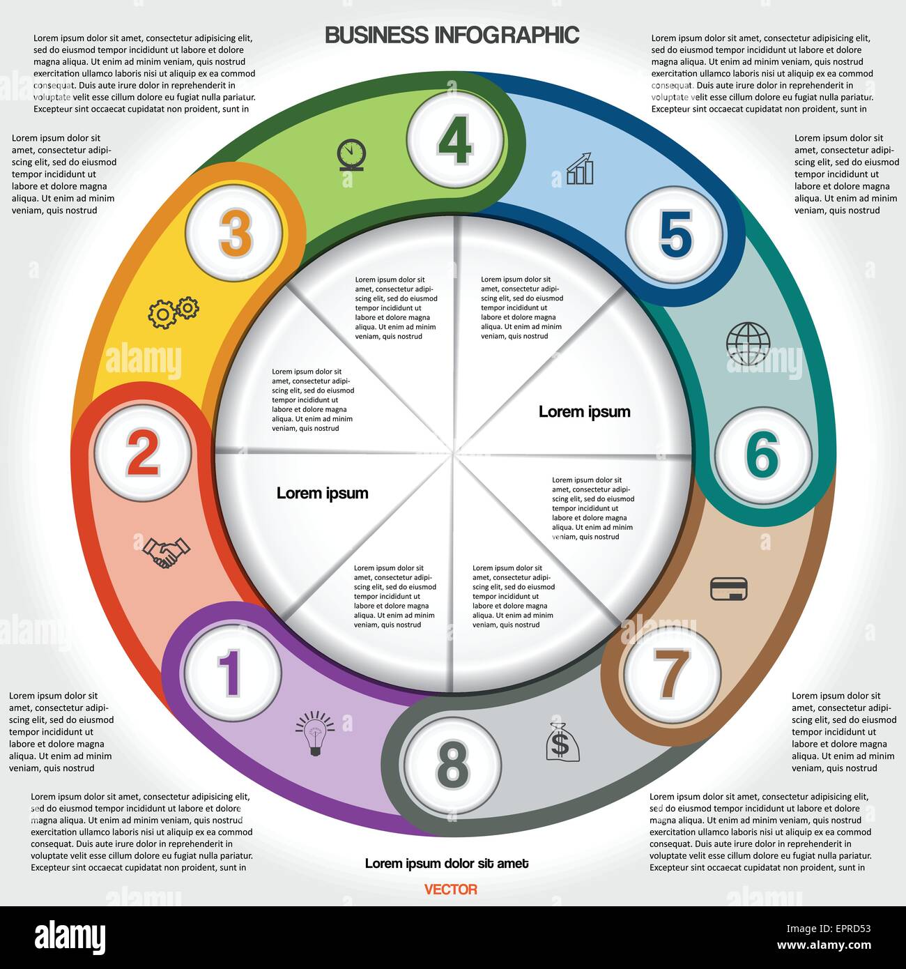 Infographic for success business project, multi-coloured ring numbered, template with text area for eight positions Stock Vector