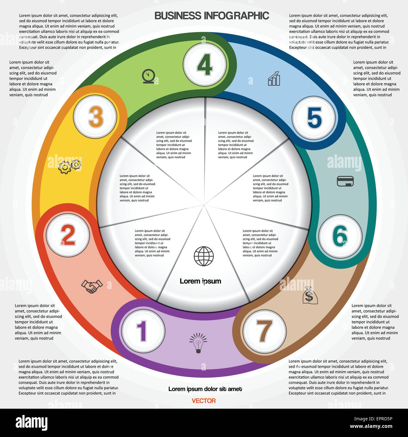 Infographic for success business project, multi-coloured ring numbered, template with text area for seven positions Stock Vector