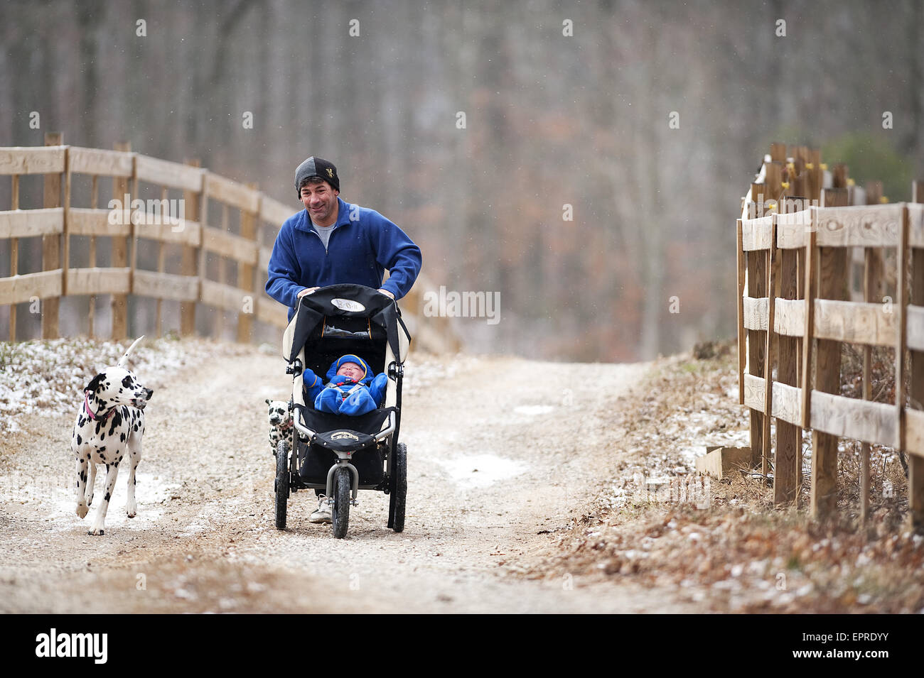A man runs with his son in a jogging stroller alongside his dog in Tennessee. Stock Photo