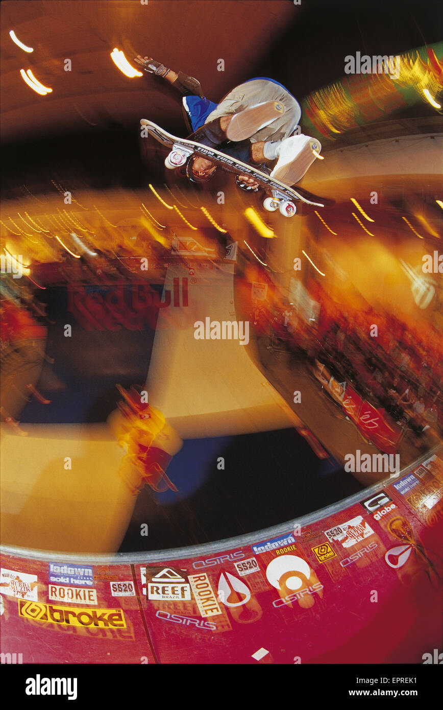 Bob Burnquist performs a kick flip grab on the Red Bull ramp Stock ...