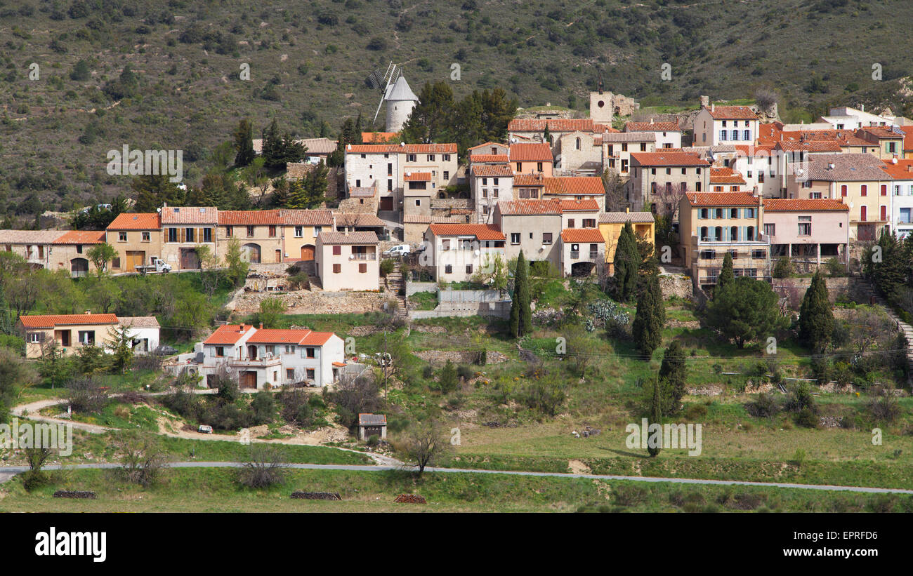 Village of Cucugnan, Aude, Languedoc-Roussillon, France. Stock Photo