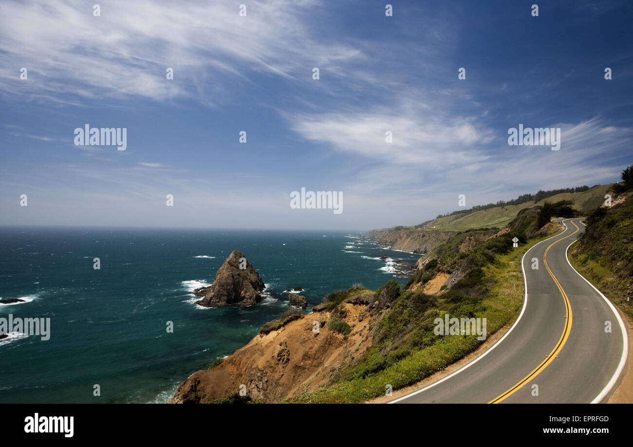 A winding road along the shore of the California coast. Stock Photo