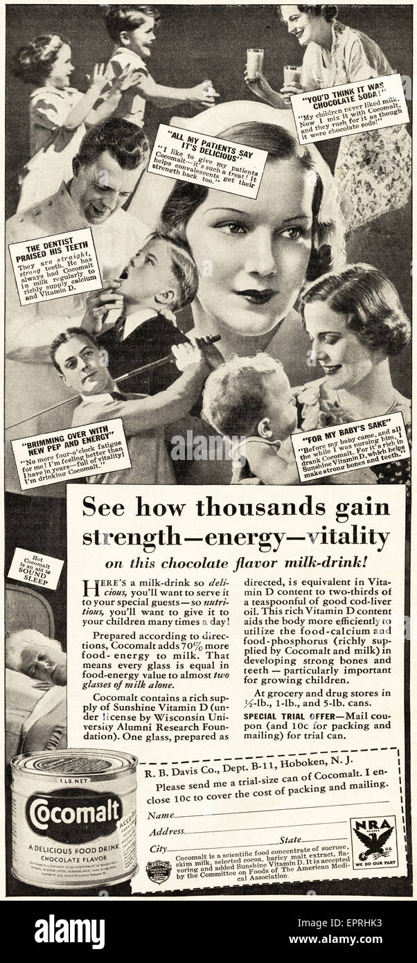 1930s Vintage American magazine advertisement dated November 1933 advertising COCOMALT chocolate flavour food drink Stock Photo