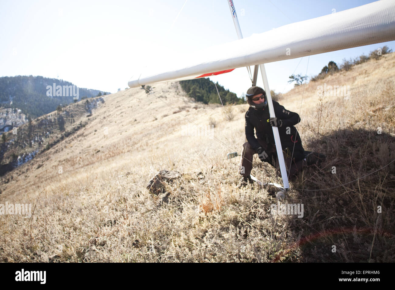 World record hang glider, BJ Herring waits for the right wind while on