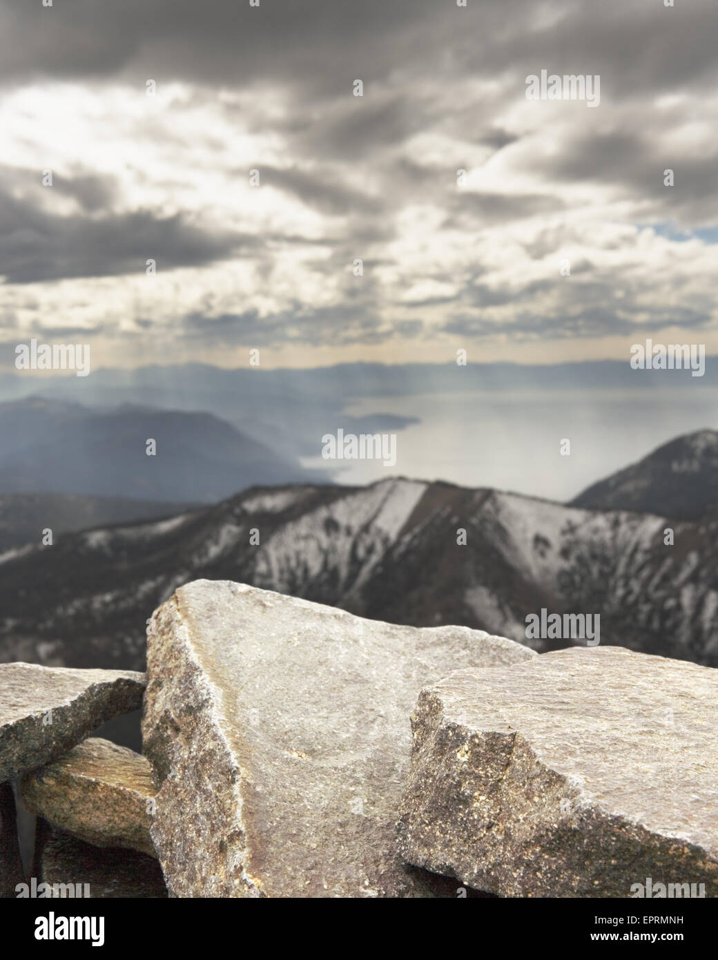 Storm clouds over Lake Tahoe from the top of Mt. Rose, Reno, Nevada. Stock Photo