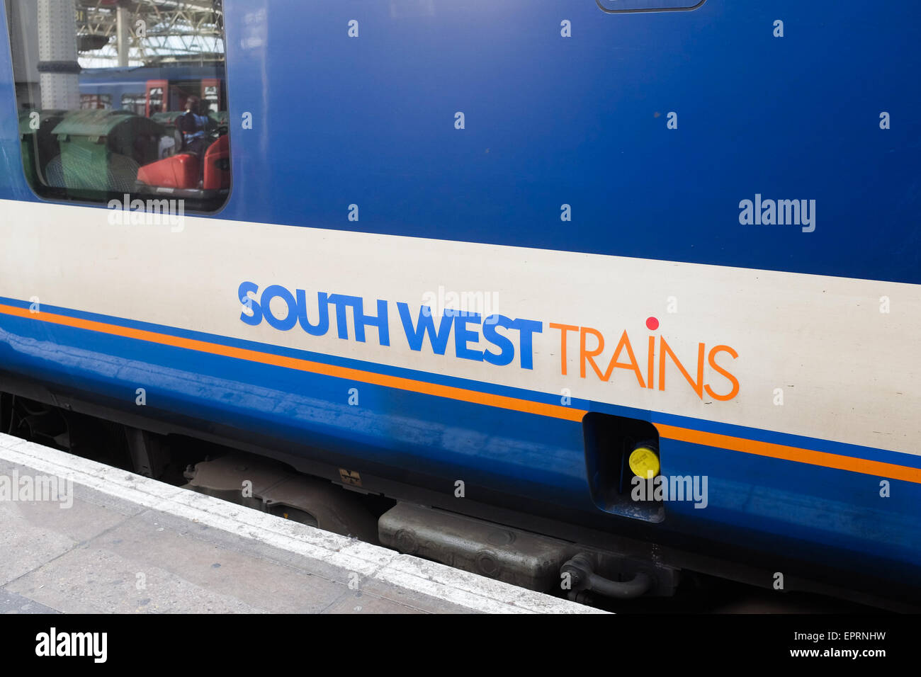 The side of a South West Trains carriage. Stock Photo