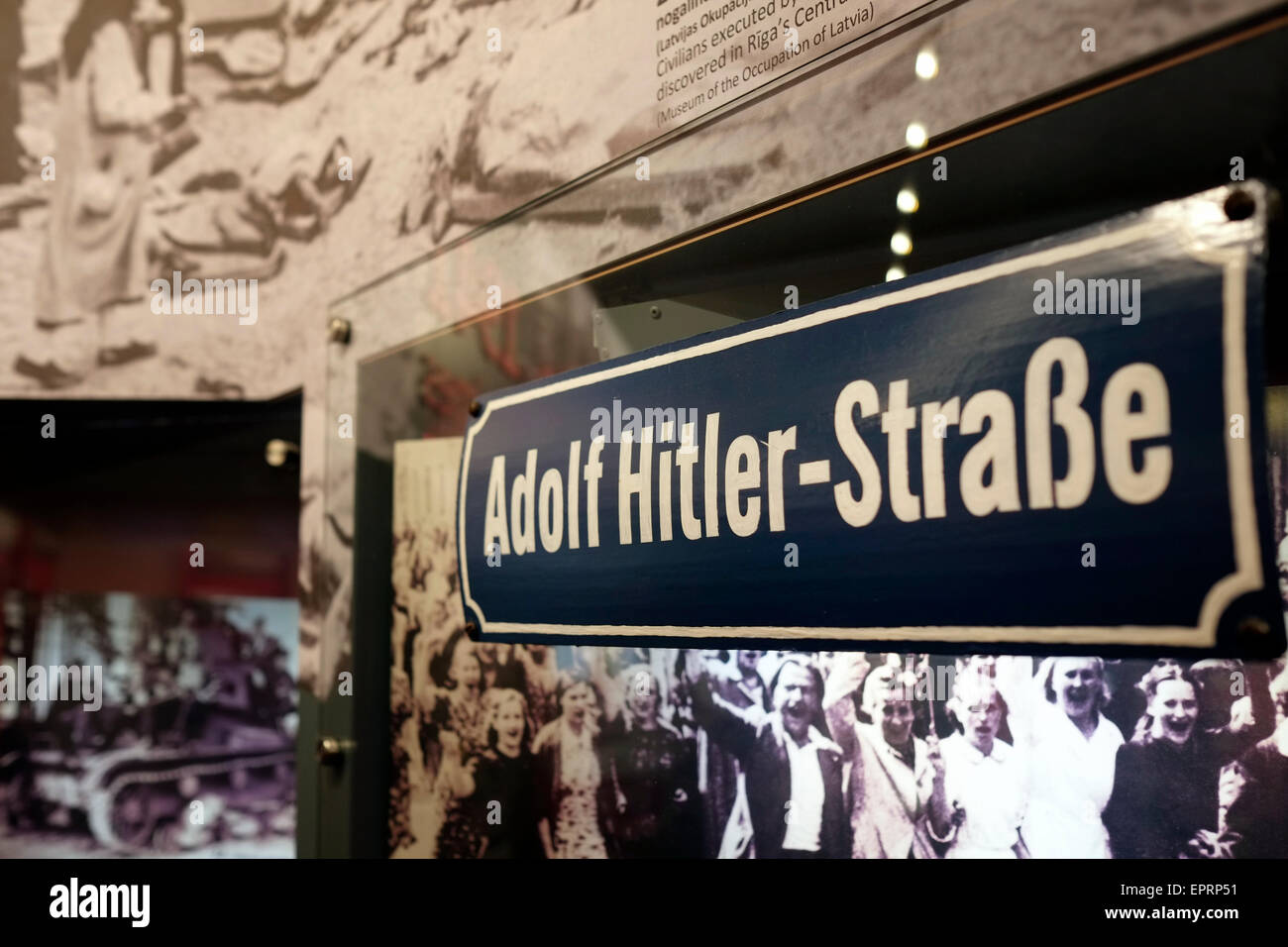 Adolf Hitler street sign from the Nazi occupation displayed at the Museum of the Occupation of Latvia a historic educational institution established in 1993 to exhibit artifacts, archive documents, and educate the public about the 51-year period in the 20th century when Latvia was successively occupied by the USSR in 1940–1941, then by Nazi Germany in 1941–1944, and then again by the USSR in 1944–1991 located in the city of Riga capital of Republic of Latvia Stock Photo
