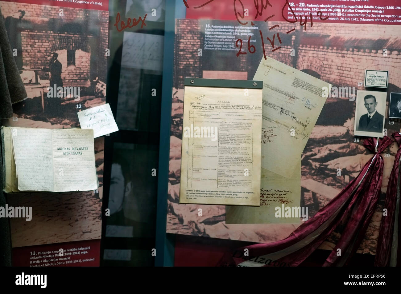 Documents displayed at the Museum of the Occupation of Latvia a historic educational institution established in 1993 to exhibit artifacts, archive documents, and educate the public about the 51-year period in the 20th century when Latvia was successively occupied by the USSR in 1940–1941, then by Nazi Germany in 1941–1944, and then again by the USSR in 1944–1991 located in the city of Riga capital of Republic of Latvia Stock Photo