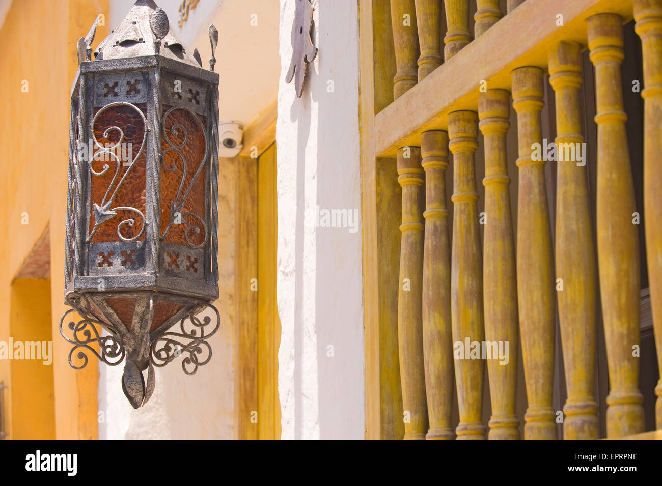 An intricate lamp outside a window, typical of the style in Cartagena, Colombia, South America Stock Photo