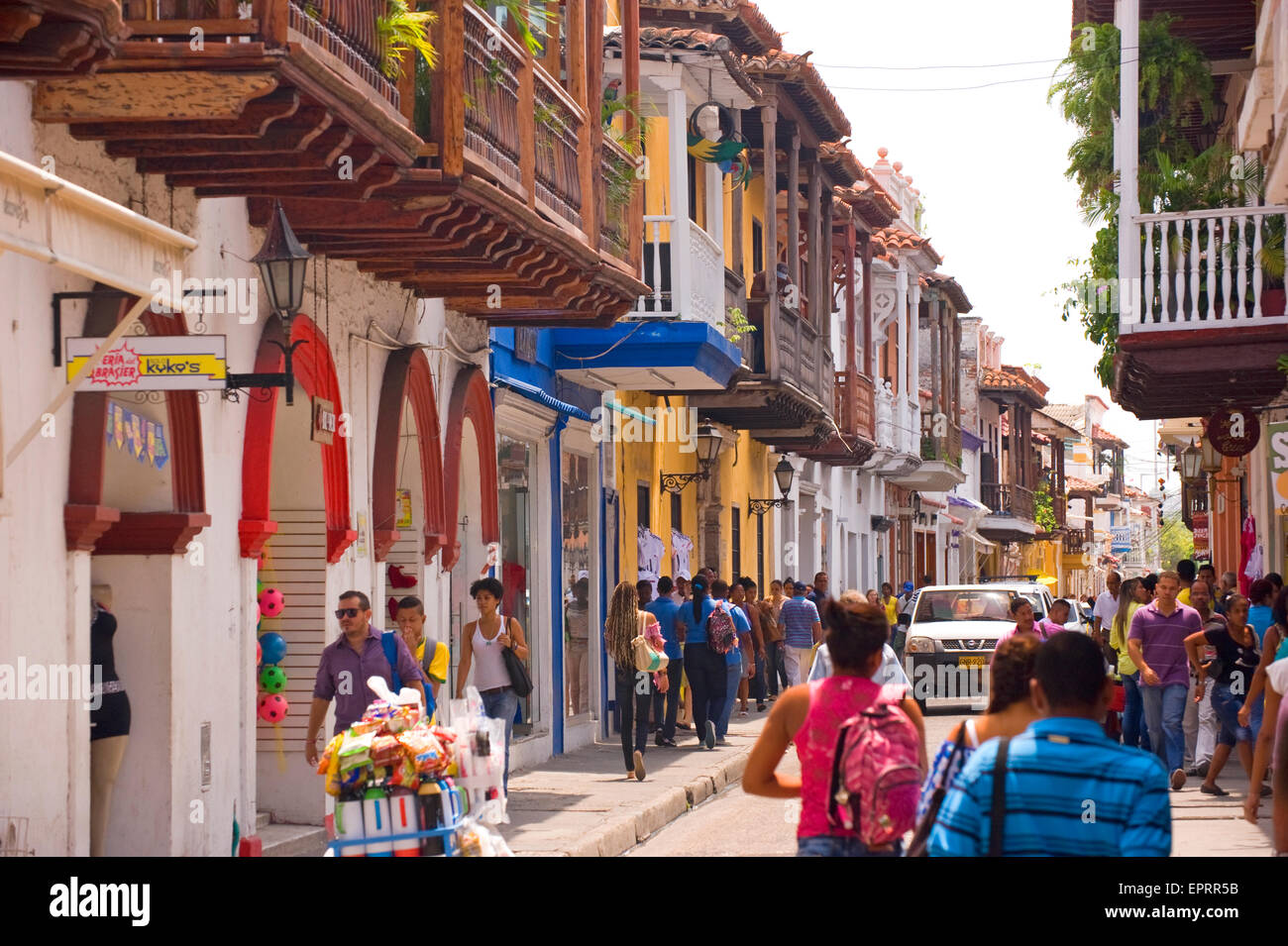 A busy and typical street in Cartagena, Colombia, South America Stock Photo