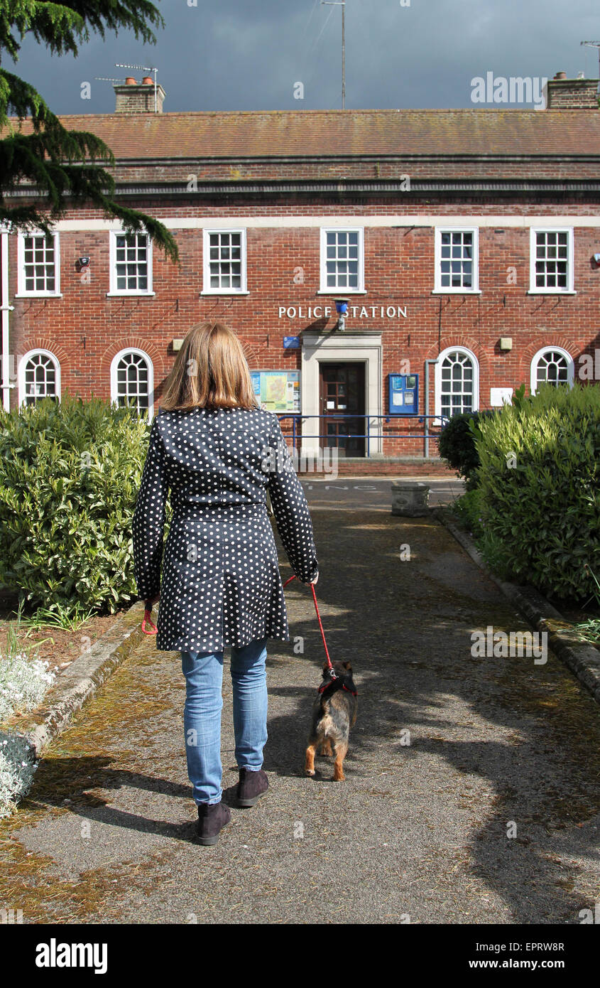 Woman with small dog walking towards Police Station in England, UK Stock Photo
