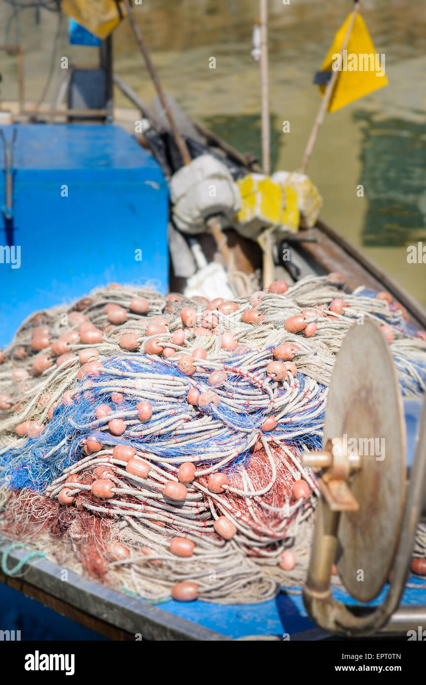 Fishing nets on the fishing boat in port Stock Photo