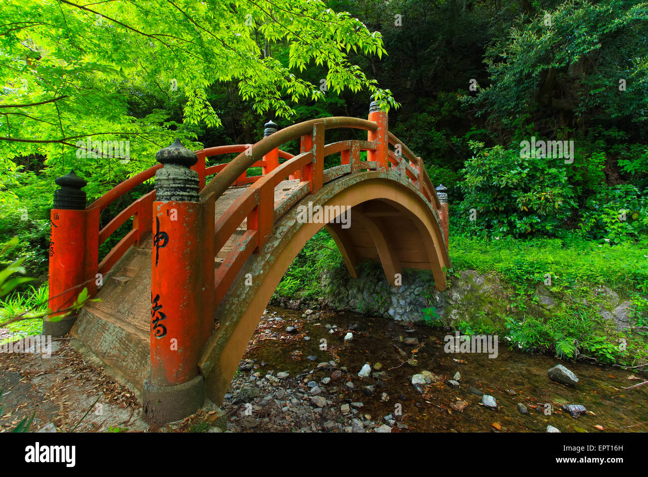 Japanese nature scene with bridge Stock Photo
