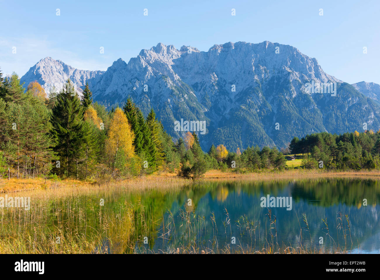 Lake Luttensee with Karwendel Mountain Range, Werdenfelser Land, Upper Bavaria, Bavaria, Germany Stock Photo