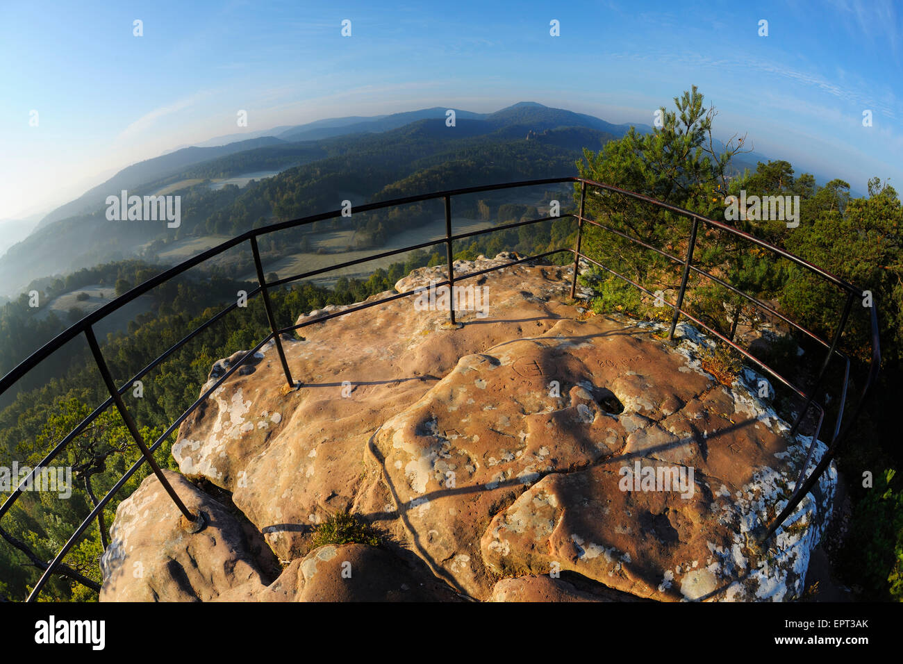 Observation Point on Mountain, Hochstein, Dahn, Dahner Felsenland, Pfalzerwald, Rhineland-Palatinate, Germany Stock Photo