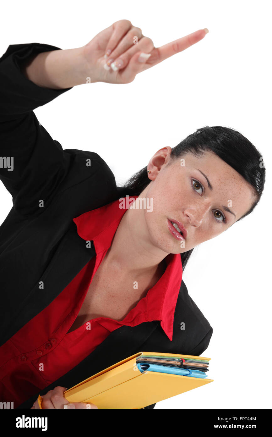 Woman holding up her index finger Stock Photo - Alamy