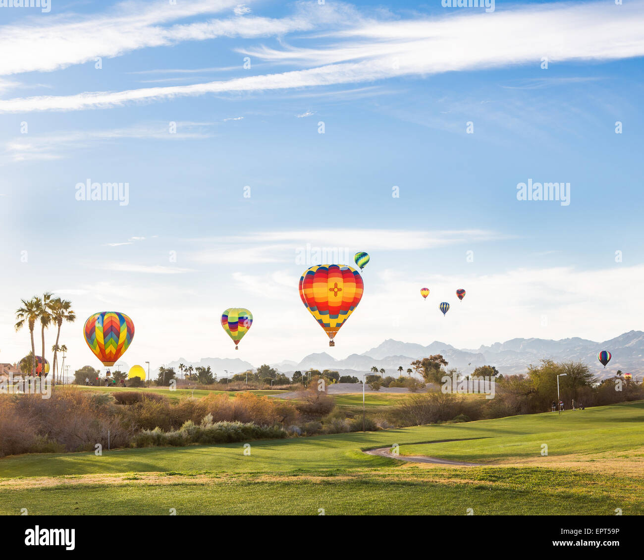 Hot Air Balloon Ascend over a golf course in Lake Havasu City, Arizona Stock Photo