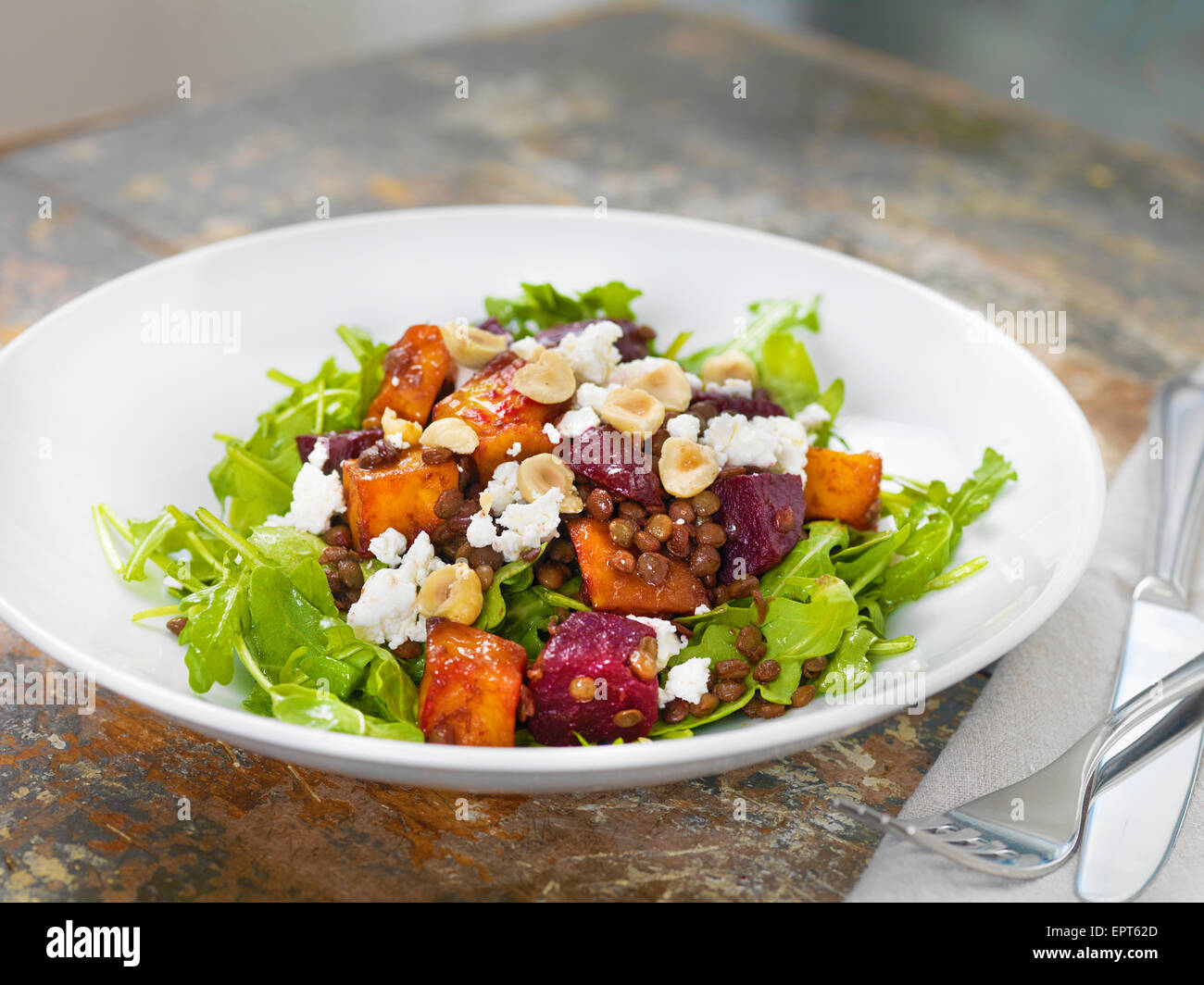 Lentil Salad with Greens, Beets, Feta Cheese, Hazelnuts and Sweet Potato, Studio Shot Stock Photo