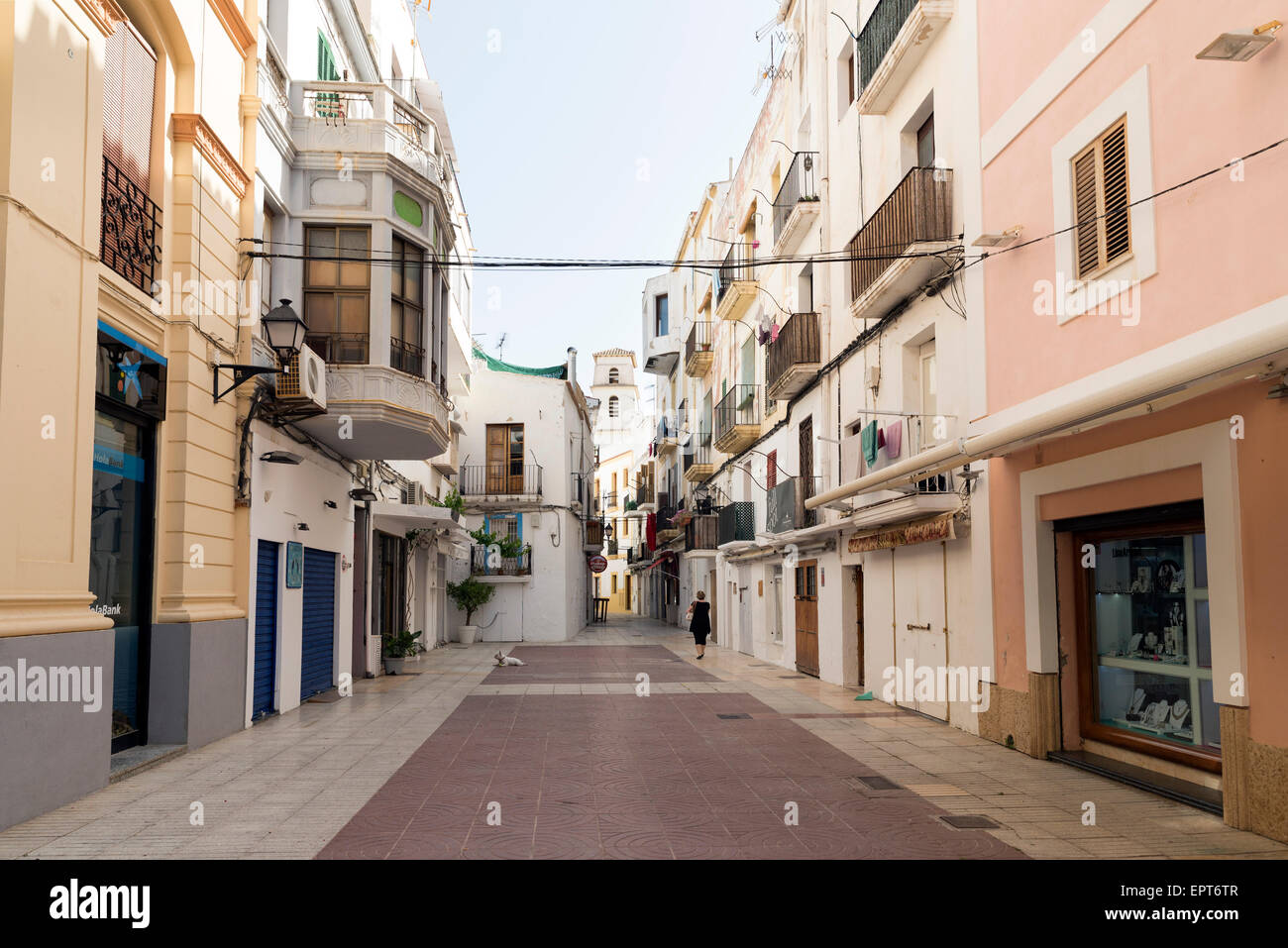 IBIZA, SPAIN - MAY 13, 2015: Ibiza Old Town. A picturesque street of the old town of Ibiza, with its whitewashed houses and balc Stock Photo