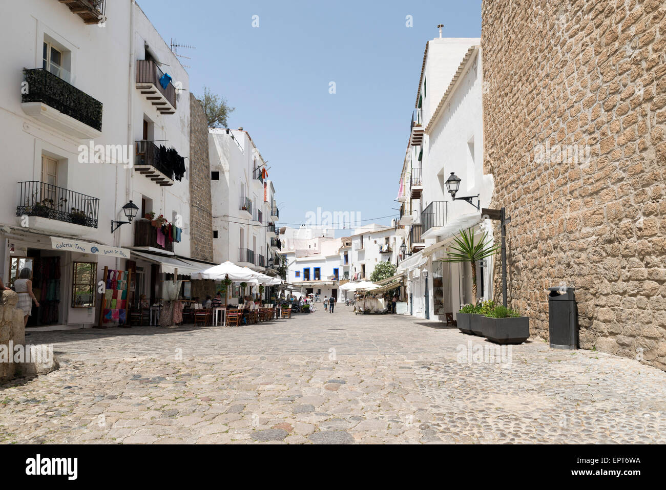IBIZA, SPAIN - MAY 13, 2015: Pedestrian street in Ibiza Town, Balearic Islands, Spain. With a population of 48,484, the city is Stock Photo