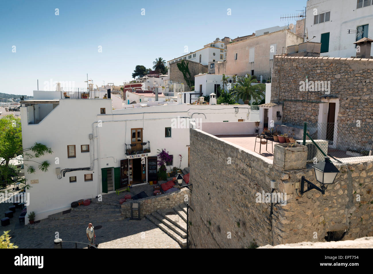 IBIZA, SPAIN - MAY 15, 2015: Ibiza Old Town. A picturesque street of the old town of Ibiza, with its whitewashed houses Stock Photo